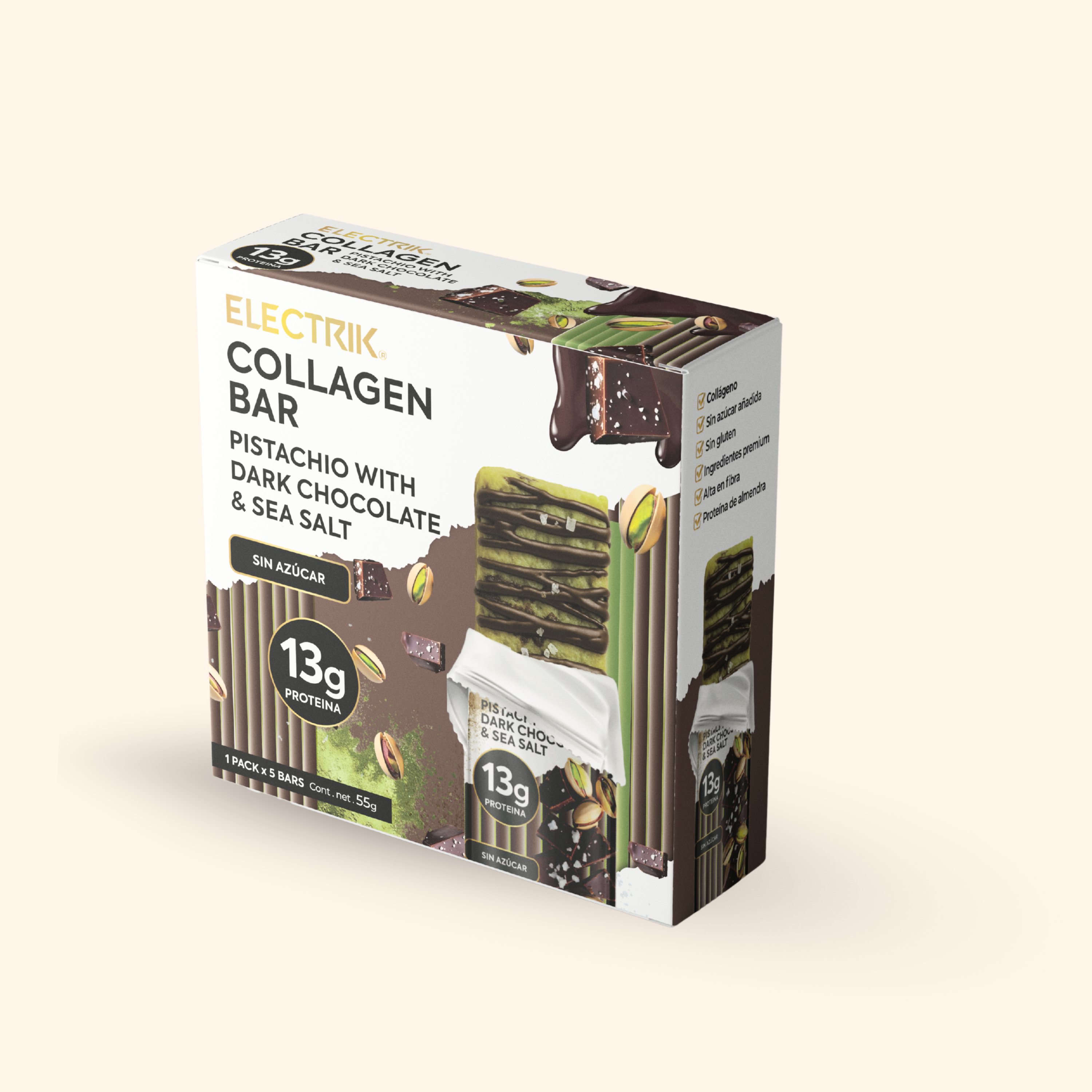 Barras de Colageno keto Pistache y Chocolate Pack 6 barritas de 55g c/u