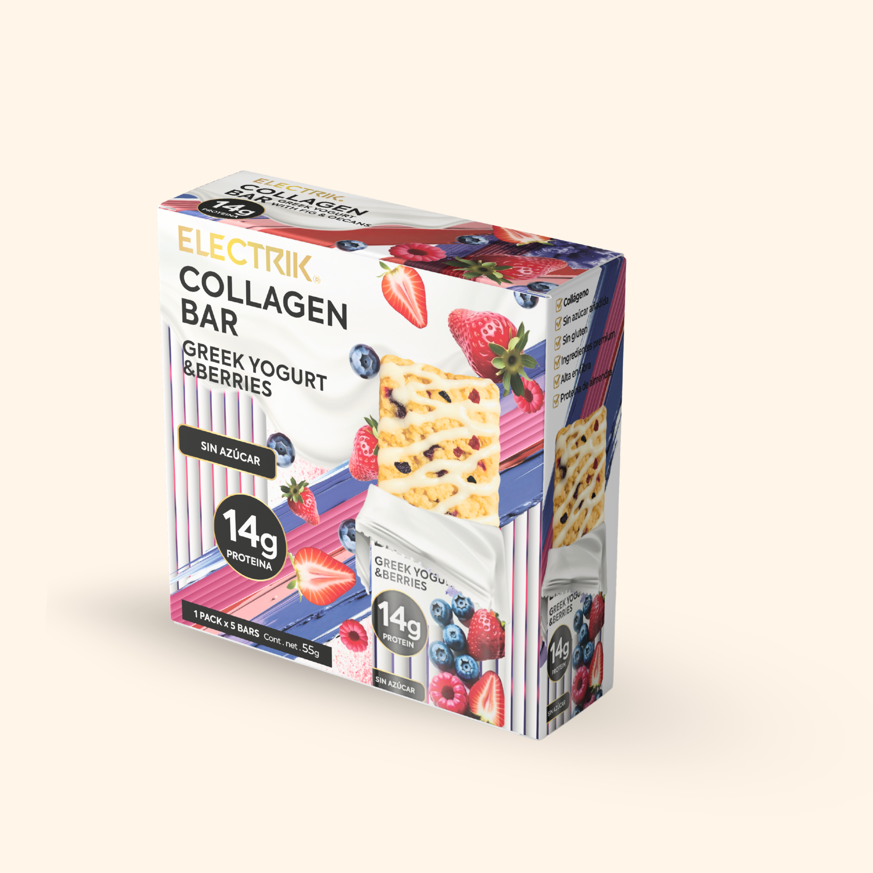Barras de Colageno keto Yogurt Griego y Moras 6 pack barritas de 55g c/u