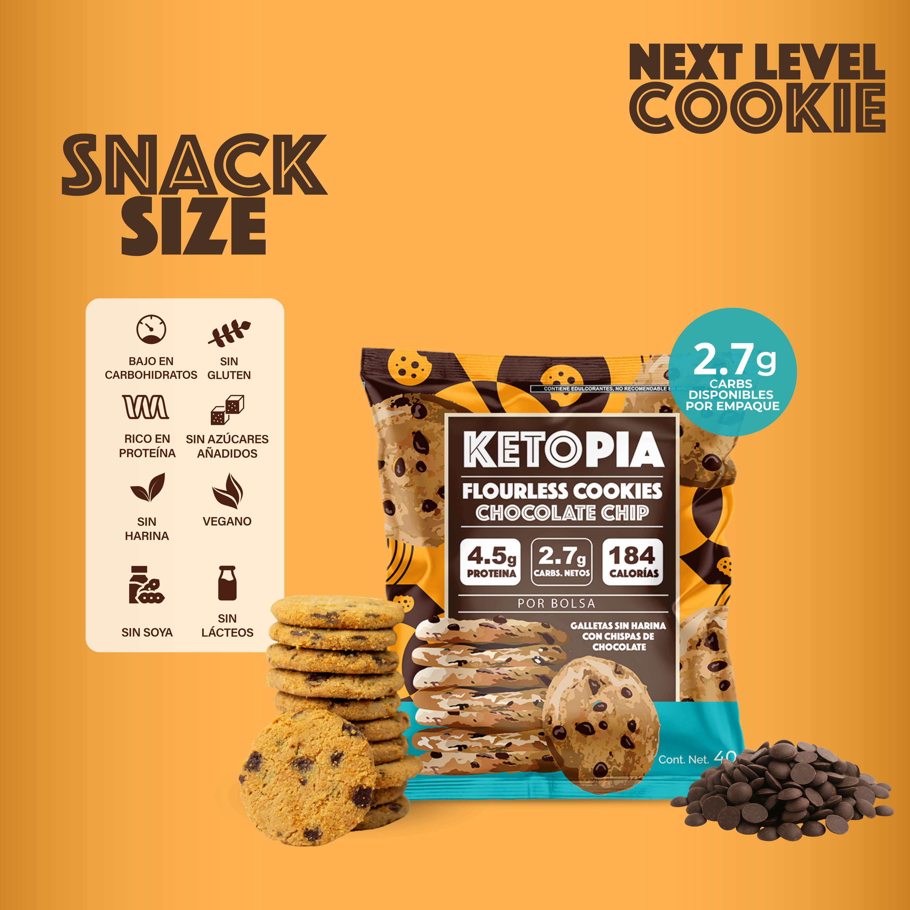 KETOPIA Galletas Keto Snack pack Chocolate Chip 40g - Frozen-Boutique