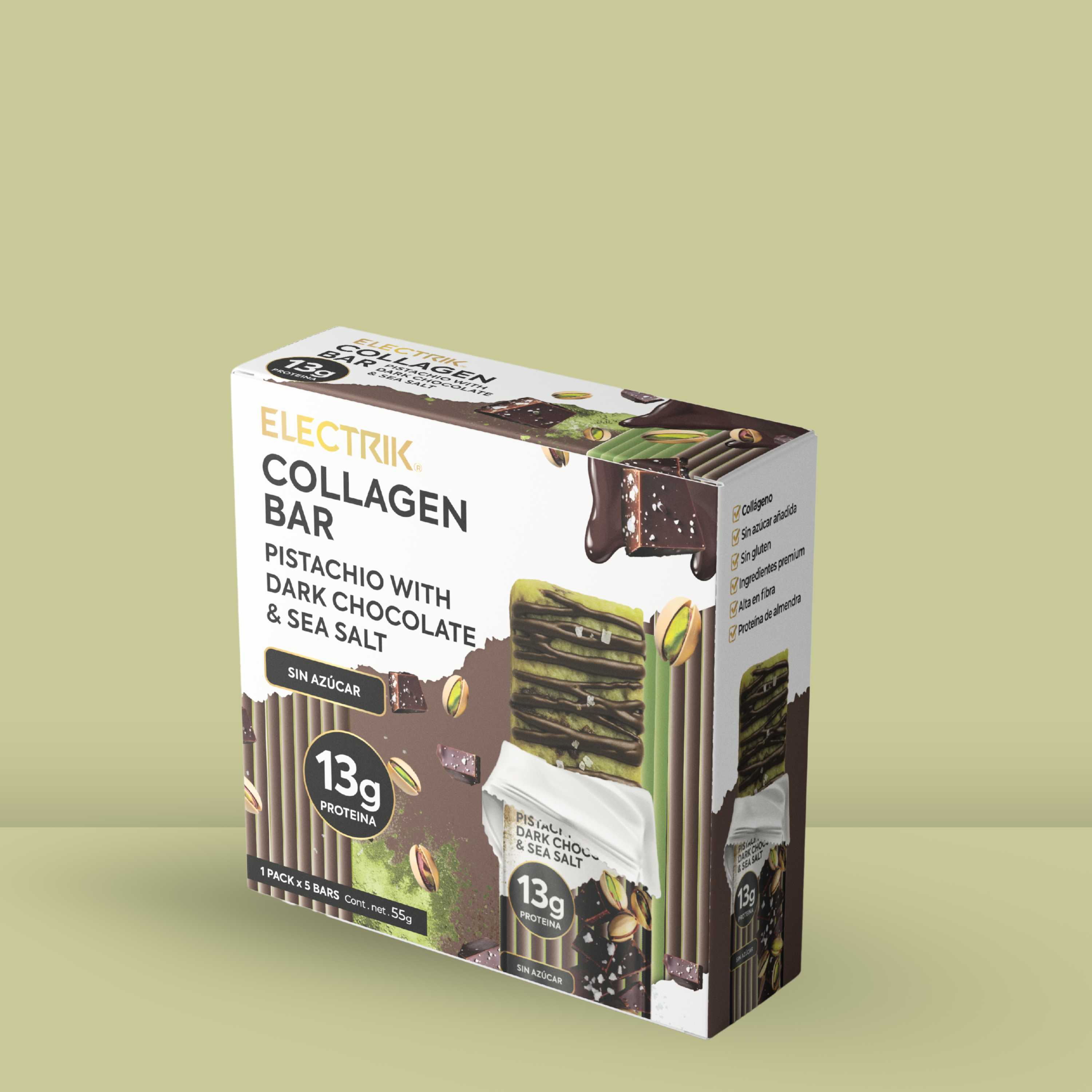 ELECTRIK Barras de Colageno keto Pistache y Chocolate Pack 6 - Frozen-Boutique