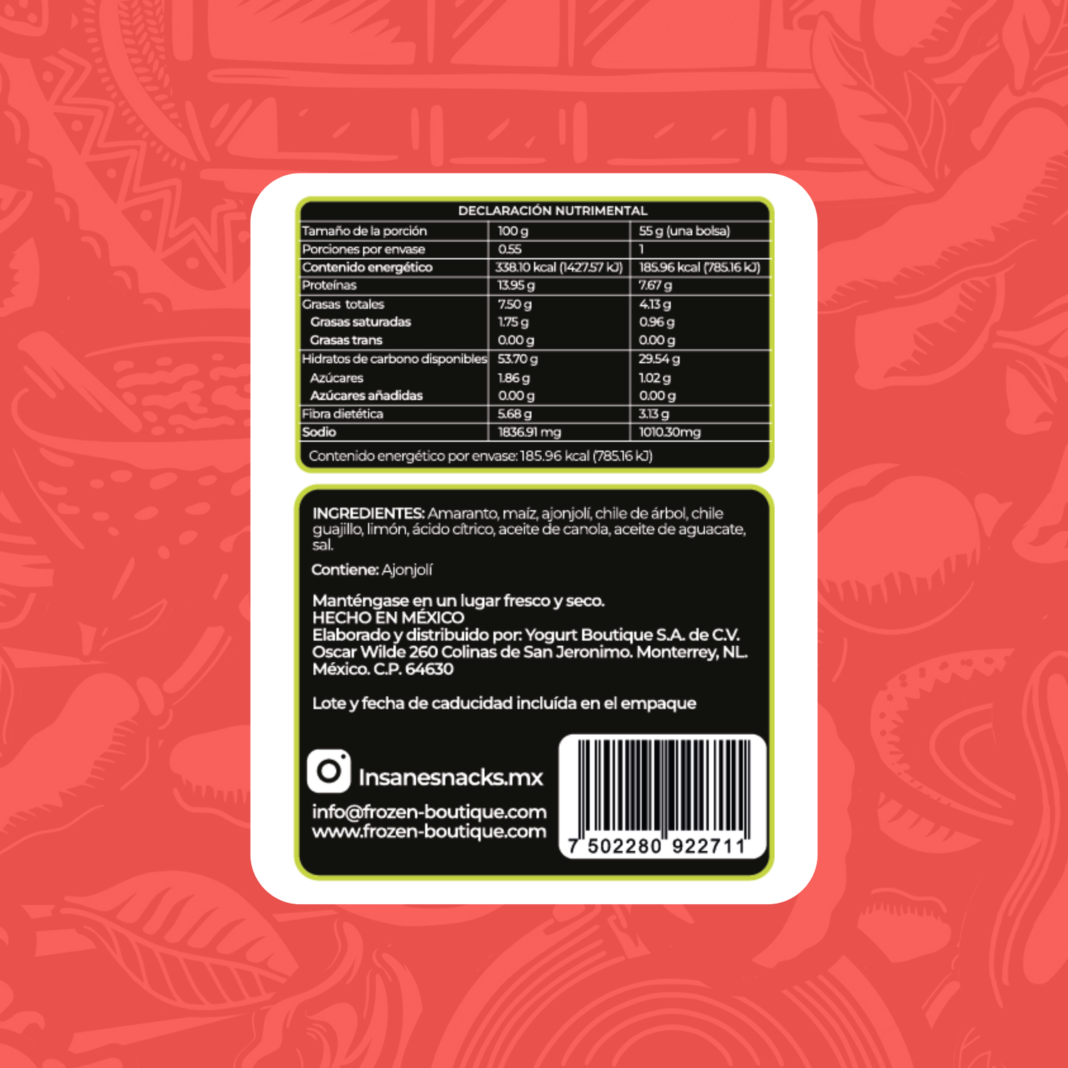 INSANE  CHURRITOS DE AMARANTO CHILE Y LIMÓN 55G - Frozen-Boutique