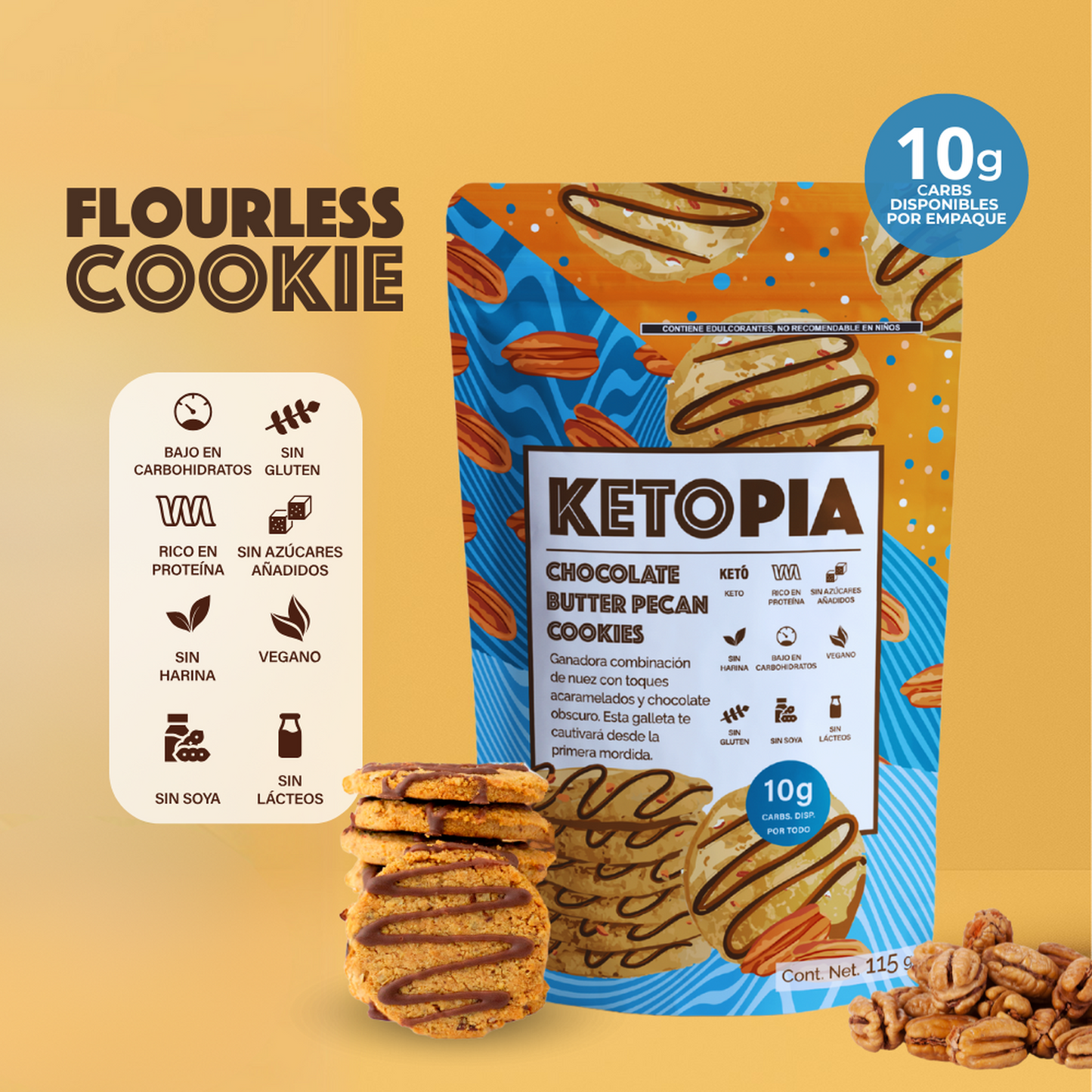 KETOPIA  Galletas Sin Azúcar Keto Chocolate Butter Pecan 115g - Frozen-Boutique