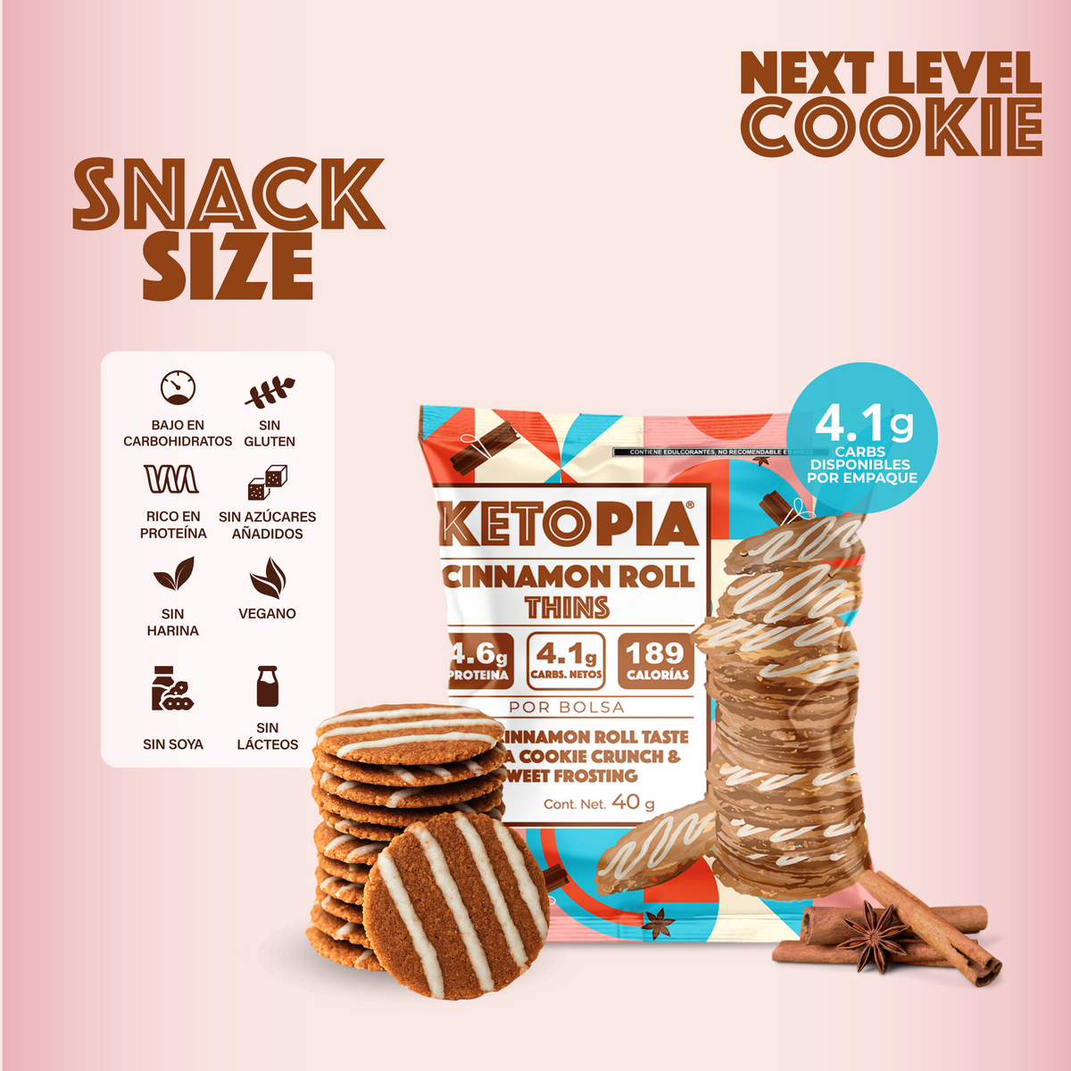 Ketopia Galletas Thins  Snack Pack Cinnamon Roll 40g